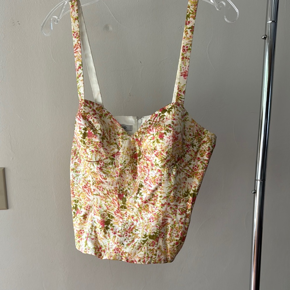 Cache Floral Silk Bustier Corset Crop Top - Pink and Green